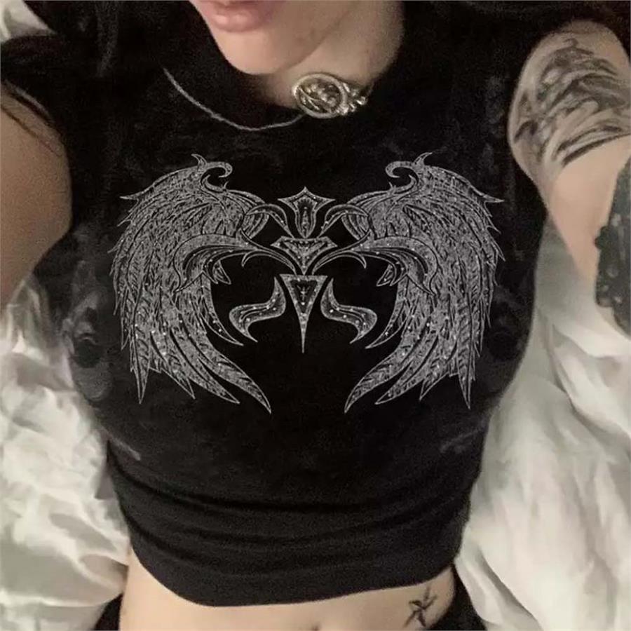 Gothic Rhinestone Wings Siyah Yarım T-Shirt