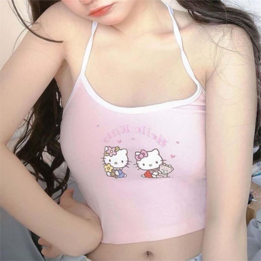 Anime Hello Kitty Twin Friends Pembe Askılı Kadın T-Shirt