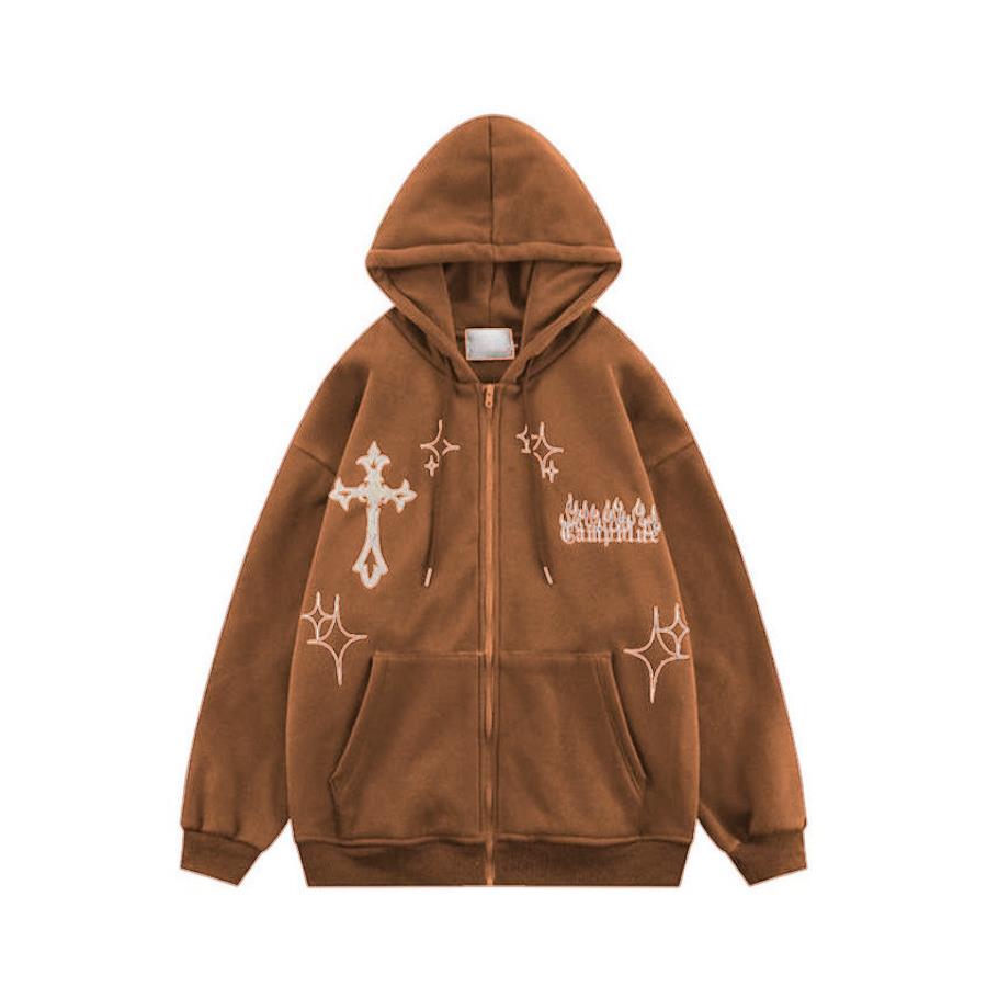Harajuku Shiny Cross Kahverengi Fermuarlı (Unisex) Kapüşonlu Sweatshirt