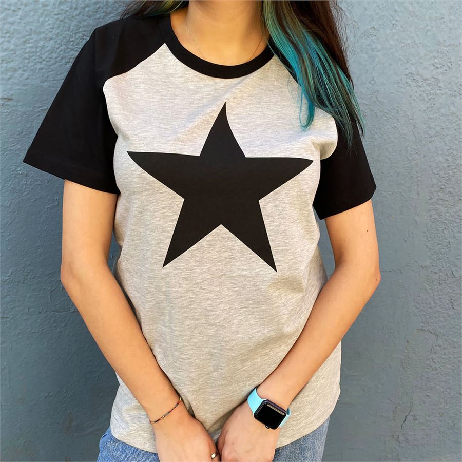 Gri Melanj Old School Raglan Yıldız Baskılı (Unisex) T-Shirt