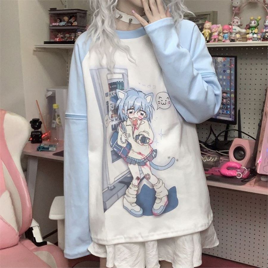 Beyaz Raglan Japanese Cat Girl Mavi (Unisex) Çıkarılabilir Uzun Kollu