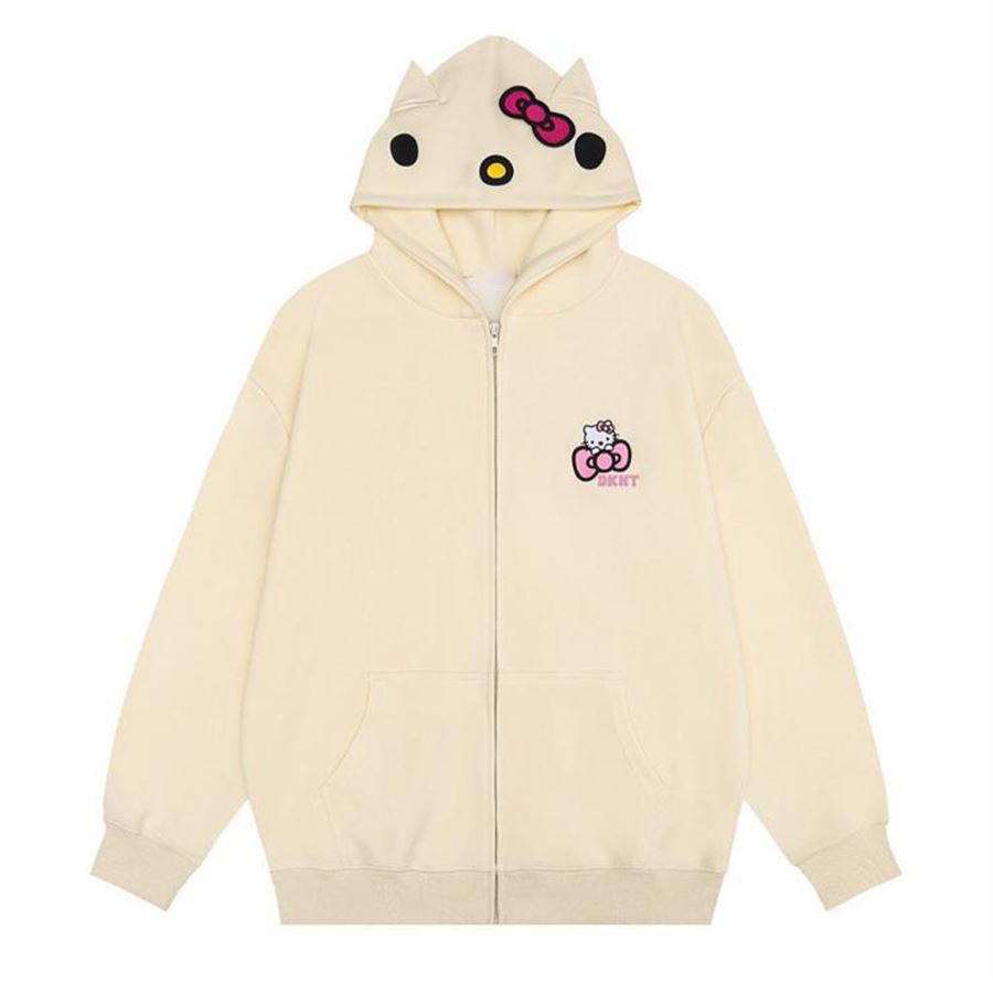 Bej Hello Kitty DKHT Best Fermuarlı (Unisex) Kapüşonlu Sweatshirt