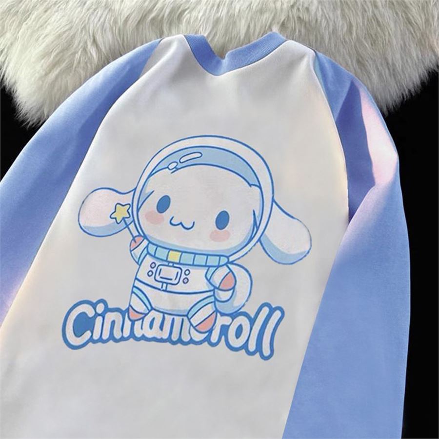 Mavi Raglan Kollu Anime Cinnamoroll Astronaut Beyaz (Unisex) Uzun Kollu