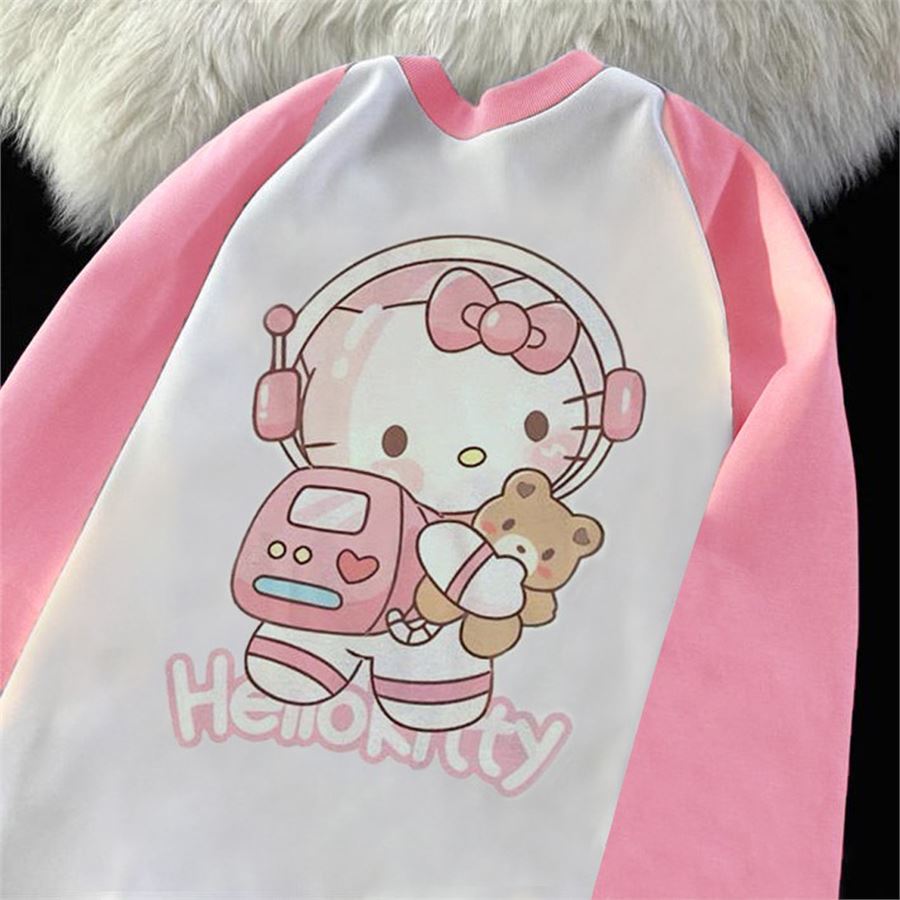 Pembe Raglan Kollu Anime Hello Kitty Astronaut Beyaz (Unisex) Uzun Kollu