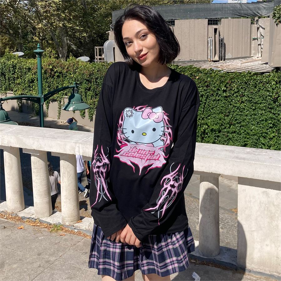Siyah Anime Tribal Hello Kitty (Unisex) Uzun Kollu