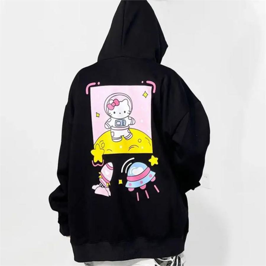 Siyah Astronaut Hello Kitty Kalın Kumaş Fermuarlı (Unisex) Kapüşonlu Sweatshirt