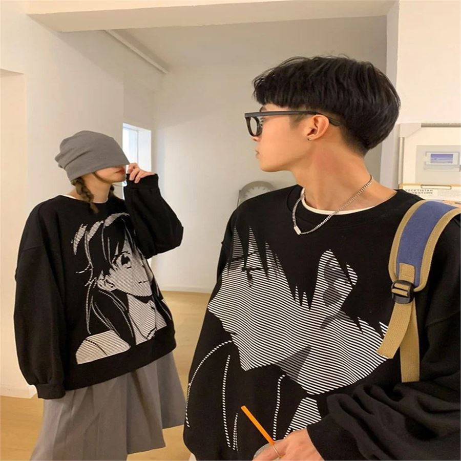 Siyah Vintage Anime Çift Uzun Kollu Sweatshirt
