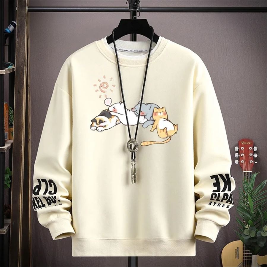 Ekru Lazy Cat Old School (Unisex) Uzun Kollu Sweatshirt