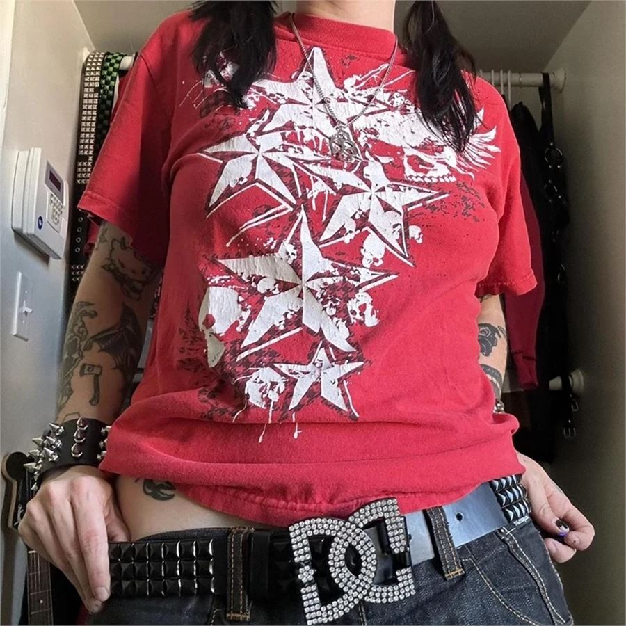 Kırmızı Cyber Grunge Vintage Star T-shirt