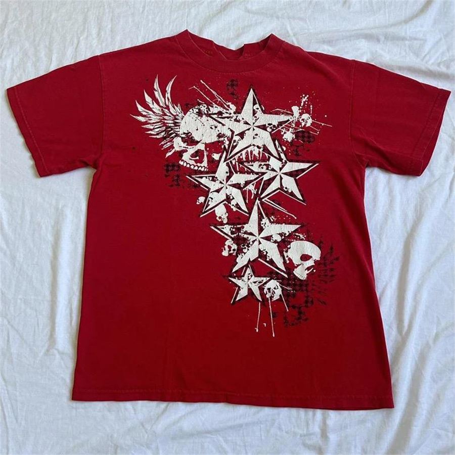 Kırmızı Cyber Grunge Vintage Star T-shirt