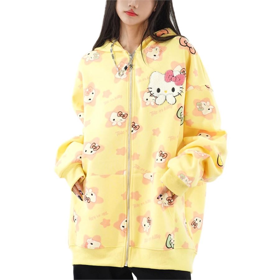 Sarı Hello Kitty Baskılı Fermuarlı Kapüşonlu Sweatshirt