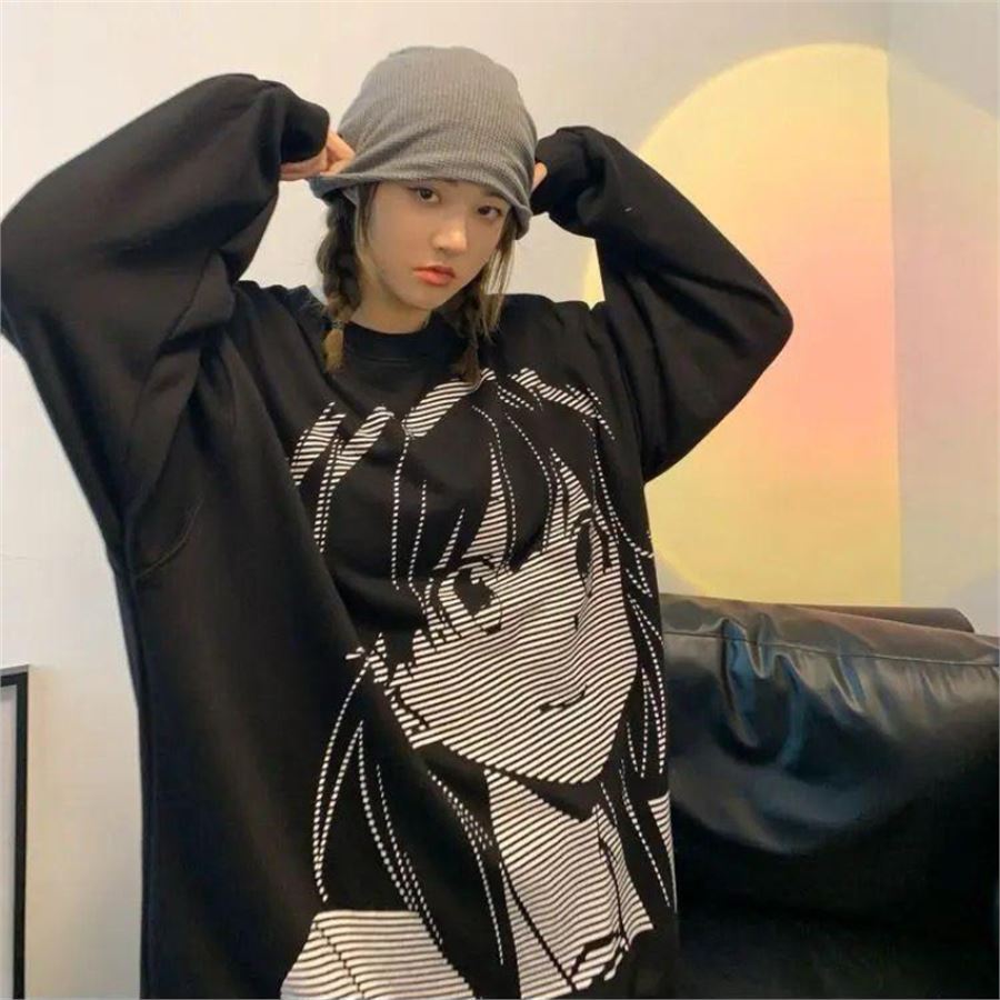 Siyah Vintage Anime Girl - Couple Uzun Kollu Sweatshirt