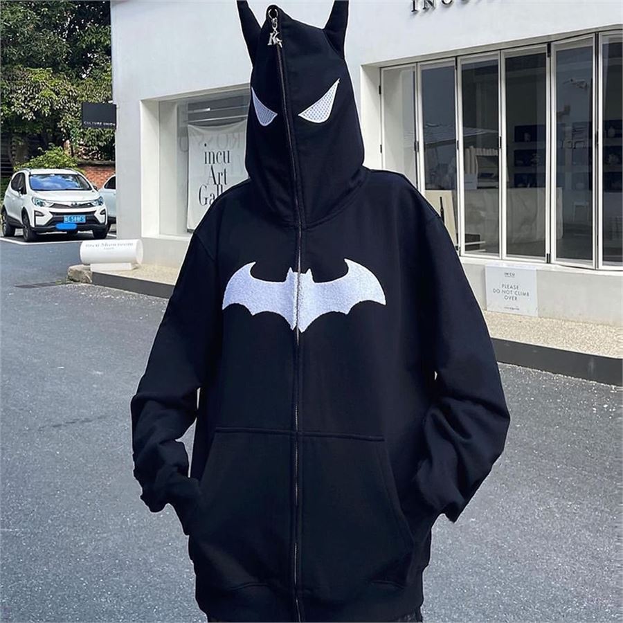 Yeni Siyah Batman Kulak Detaylı Fermuarlı (Unisex) Kapüşonlu Sweatshirt