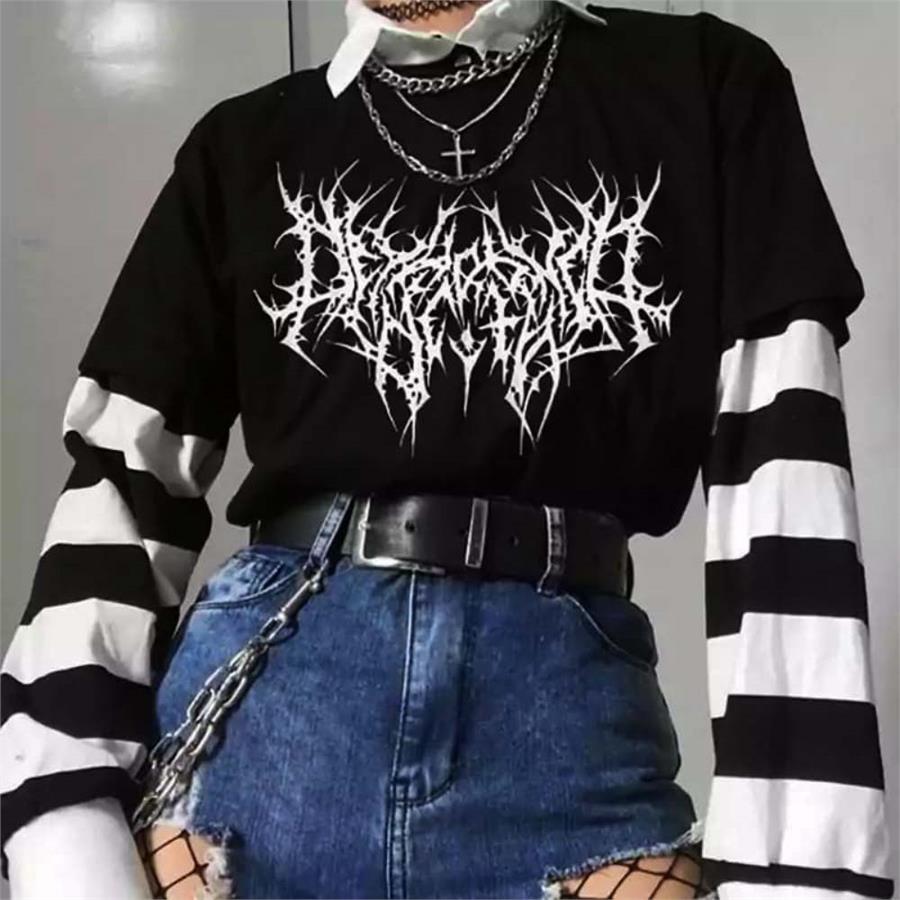 Gothic Punk Siyah (Unisex) Çizgili Kollu T-Shirt