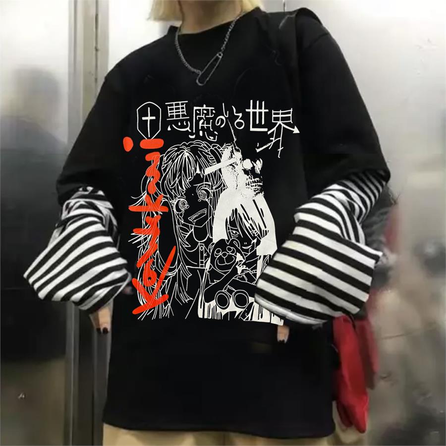 Harajuku Gothic Girl Çizgili Kollu (Unisex) T-Shirt