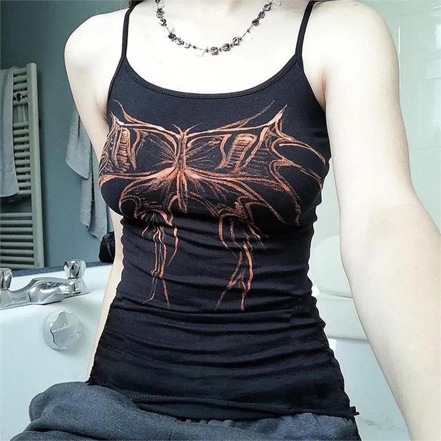 Siyah Flame Butterfly Askılı Kadın T-Shirt