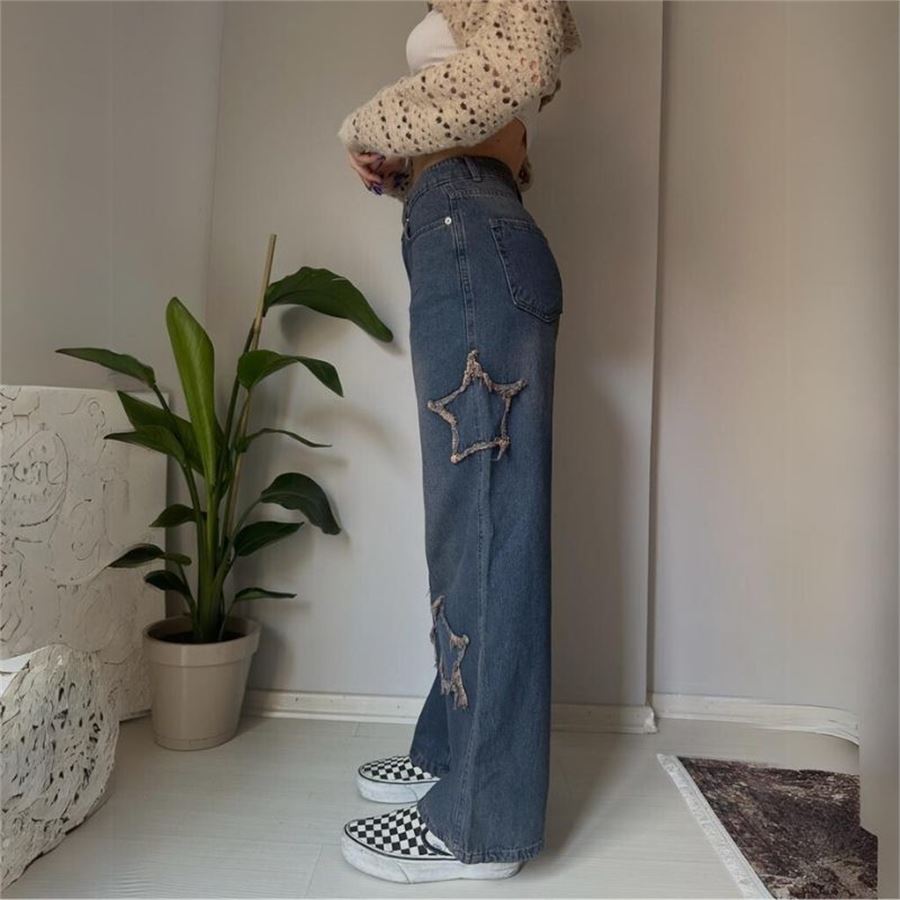 Lacivert Yıldız Yamalı Vintage Kot Pantolon