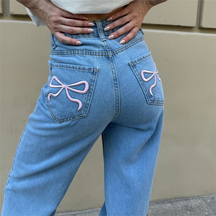 Mavi Jean Kurdele Nakışlı Baggy Kot Pantolon
