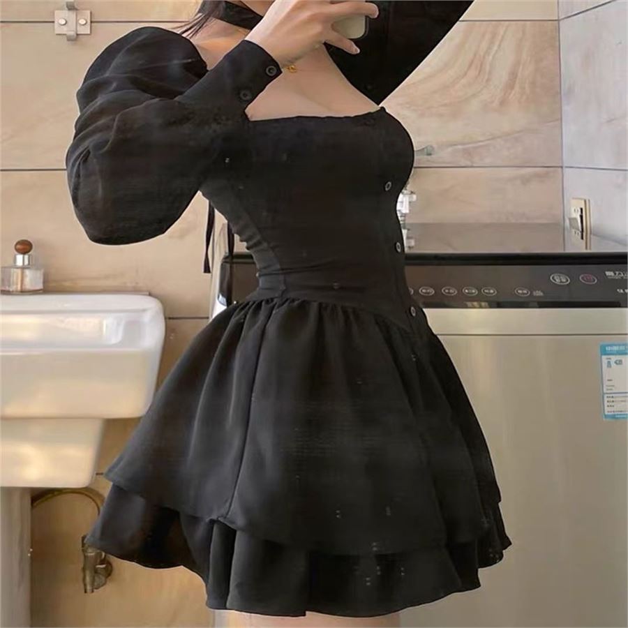 Yeni Siyah Mini Düğmeli Bağcıklı Uzun Kollu Elbise 