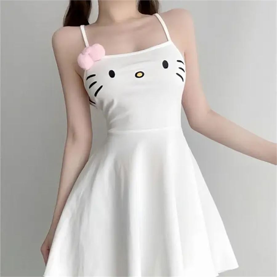 Beyaz Hello Kitty Face Askılı Elbise