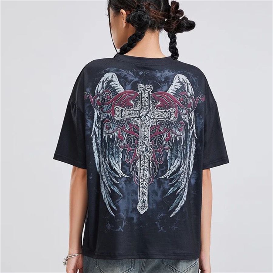 Siyah Vintage Angel Wings Cross Cyber Grunge Unisex T-shirt