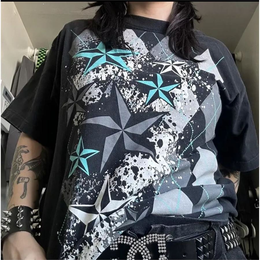 Siyah Vintage Geometrik Desenli Stars Cyber Grunge Unisex T-shirt