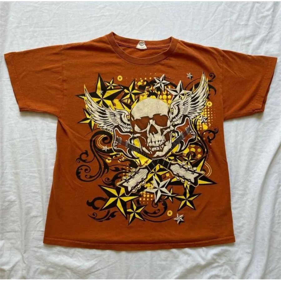 Turuncu Skull Guitar Stars Cyber Grunge Unisex T-shirt