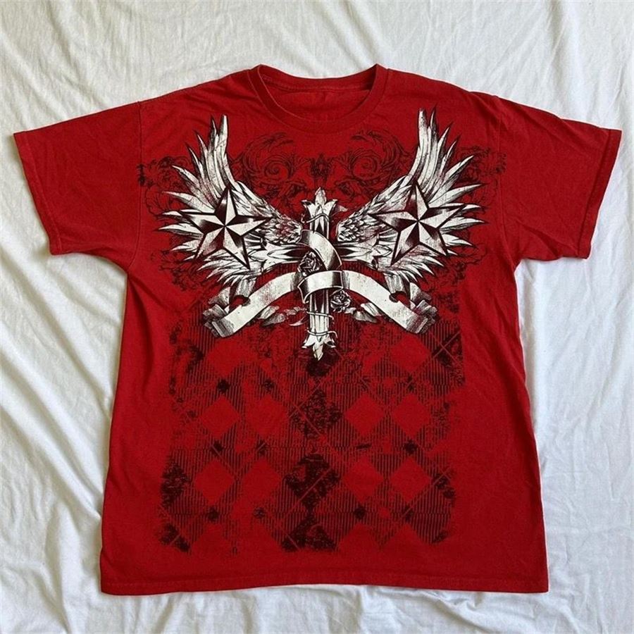 Kırmızı Vintage Wing Star Cyber Grunge Unisex T-shirt