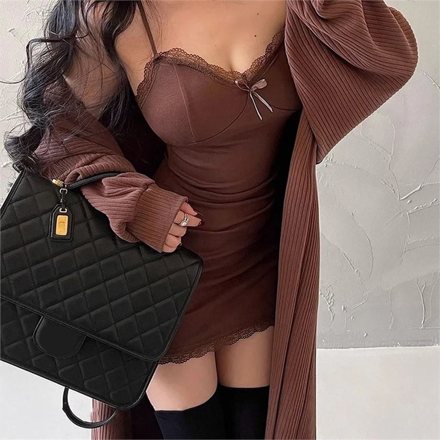 Kahverengi Dantel Yaka Detaylı Askılı Elbise