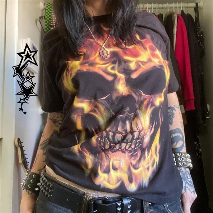 Siyah Burn Skull Cyber Grunge Unisex T-shirt