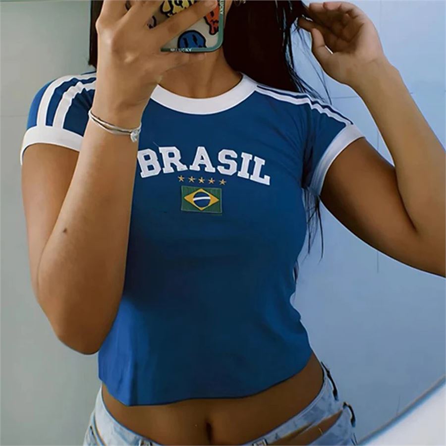 Mavi Vintage Beyaz Şeritli Brasil Kısa Kollu Crop