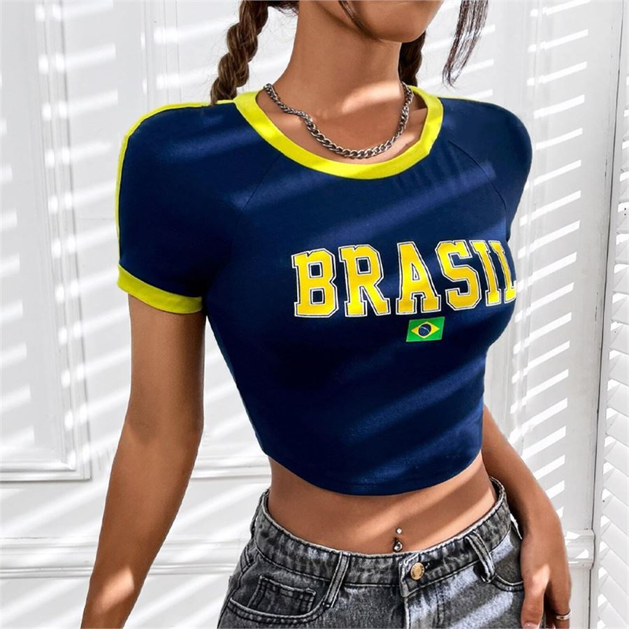 Lacivert Vintage Sarı Şeritli Brasil Kısa Kollu Crop