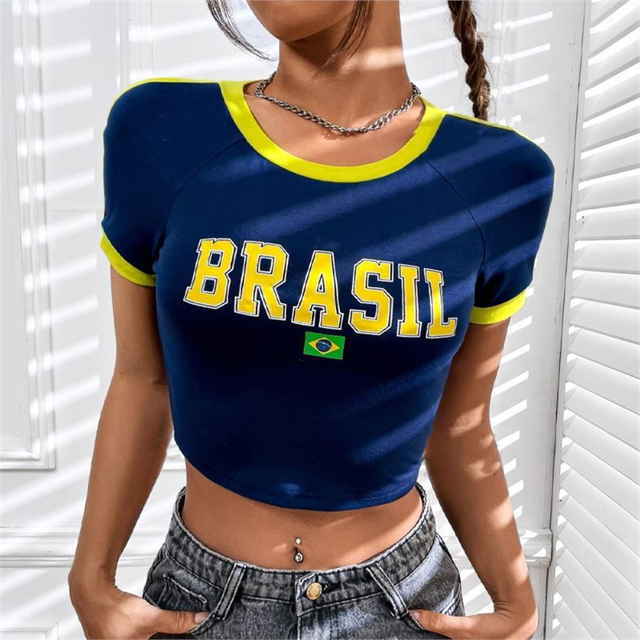 Lacivert Vintage Sarı Şeritli Brasil Kısa Kollu Crop