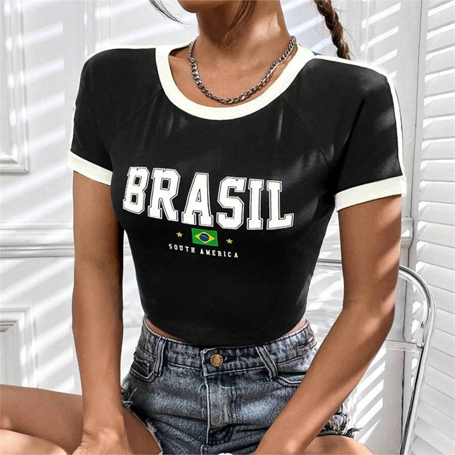 Siyah Vintage Beyaz Şeritli Brasil Kısa Kollu Crop