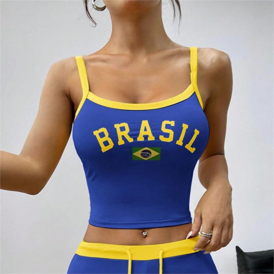 Lacivert Vintage Sarı Şeritli Brasil Askılı Crop