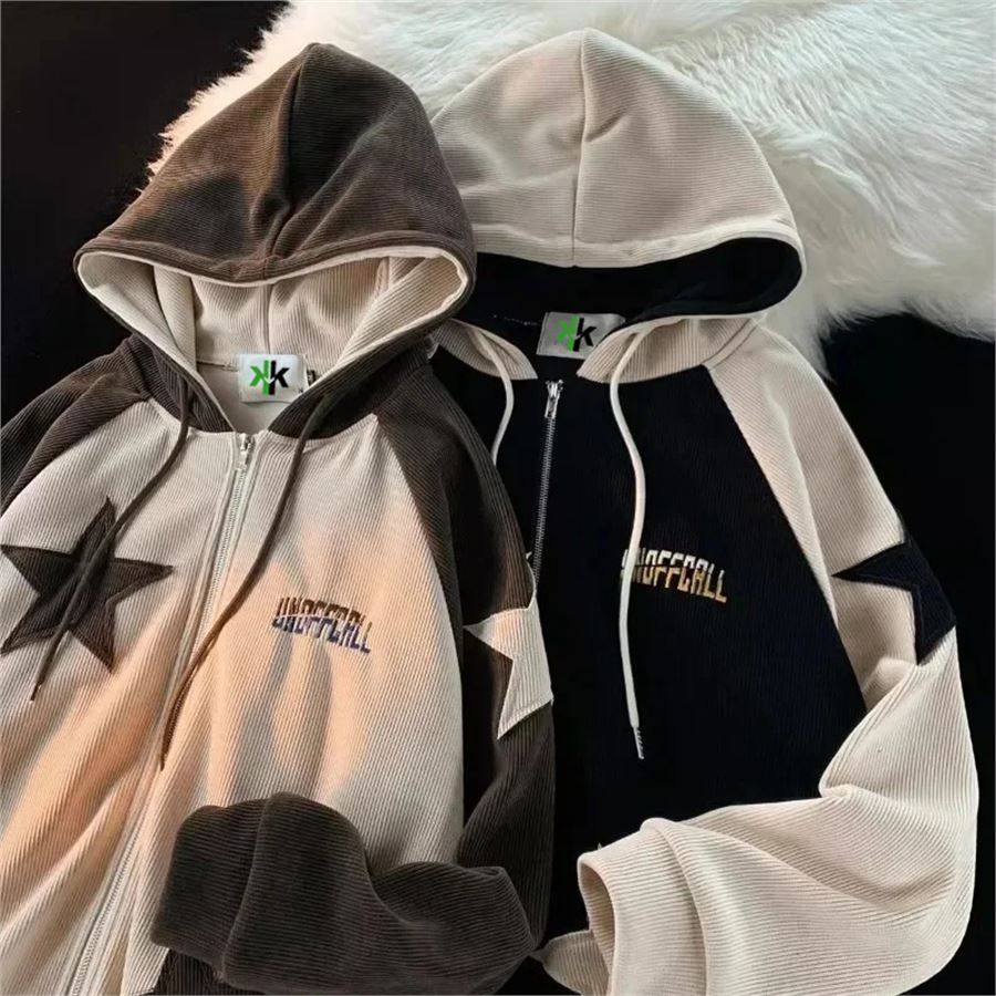 Siyah Unoffcall Bej Star Fermuarlı Kapüşonlu Sweatshirt