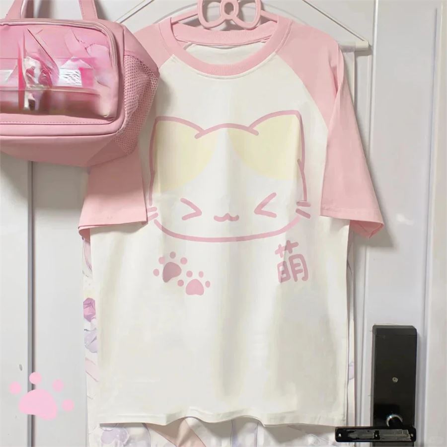 Pembe Raglan Kollu Kawai Japanese Cat Unisex T-shirt