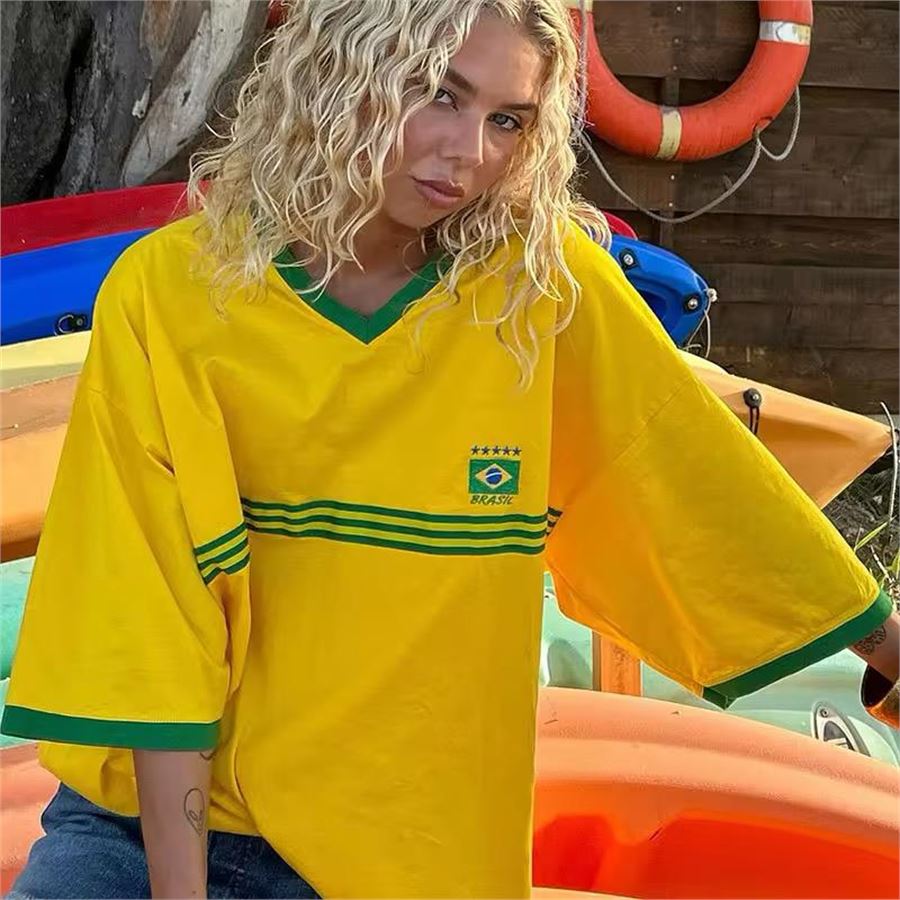 Sarı Vintage Şeritli Brasil V Yaka Oversize Bol Kalıp Unisex T-shirt