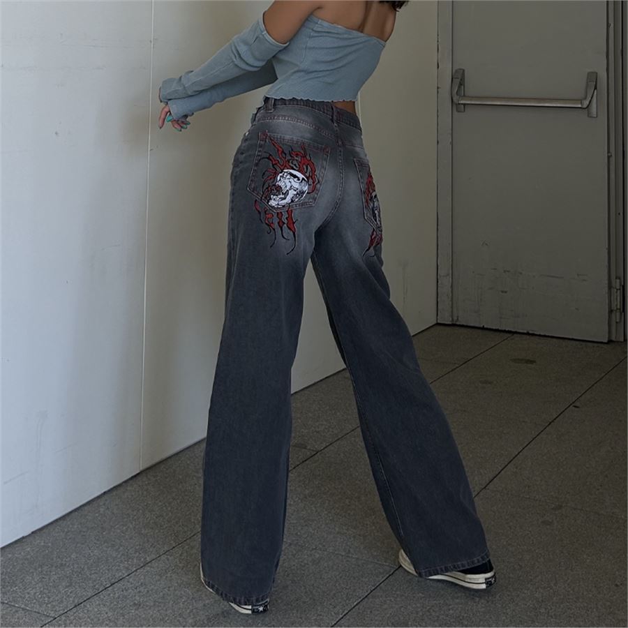 Yeni Gri Double Fire Skull Streetwear Yıkamalı Jean Pantolon