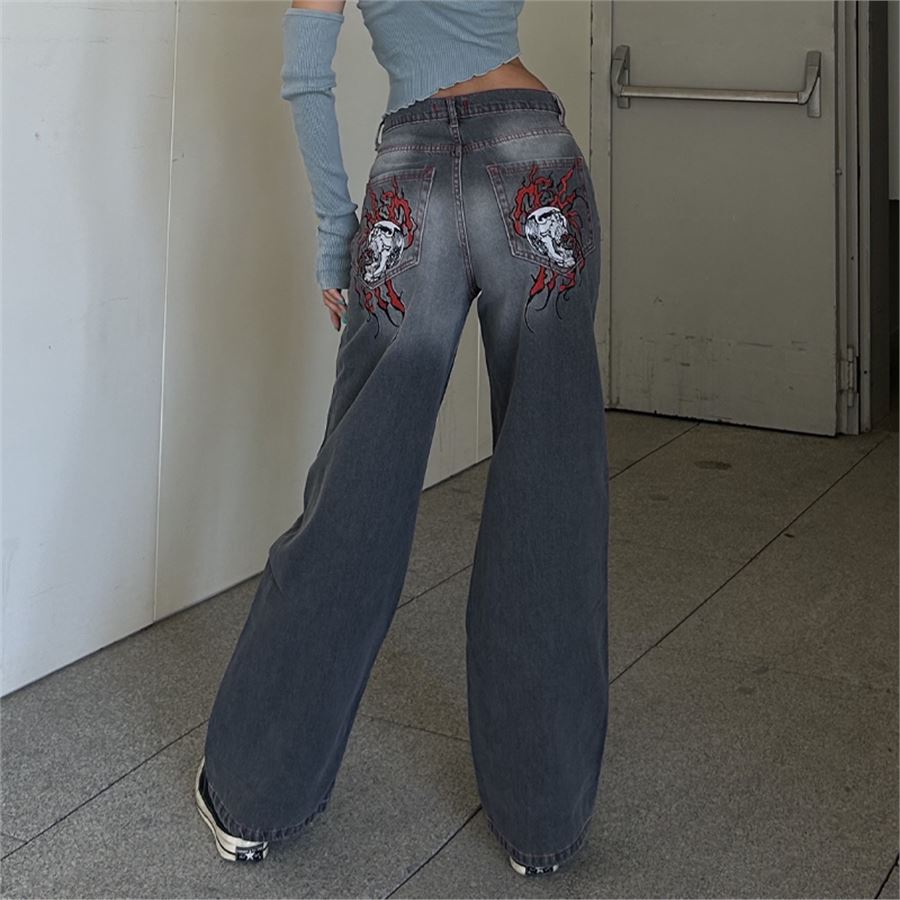 Yeni Gri Double Fire Skull Streetwear Yıkamalı Jean Pantolon