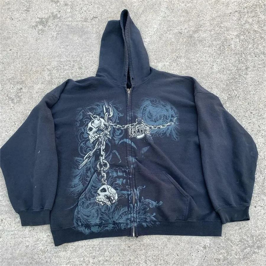 Siyah Gallows Skulls Y2K MMA Cyber Grunge Kapüşonlu Sweatshirt