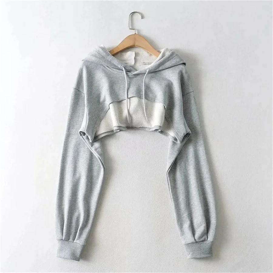 Gri Melanj Crop Kapüşonlu Sweatshirt