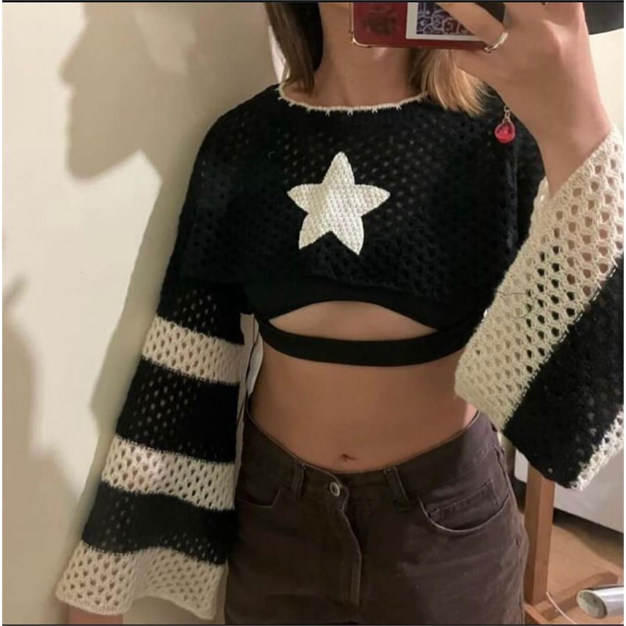 Siyah Star Krem Şeritli Crop Bolero