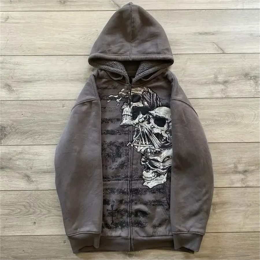 Füme Triple Pain Skull Cyber Grunge Kapüşonlu Sweatshirt