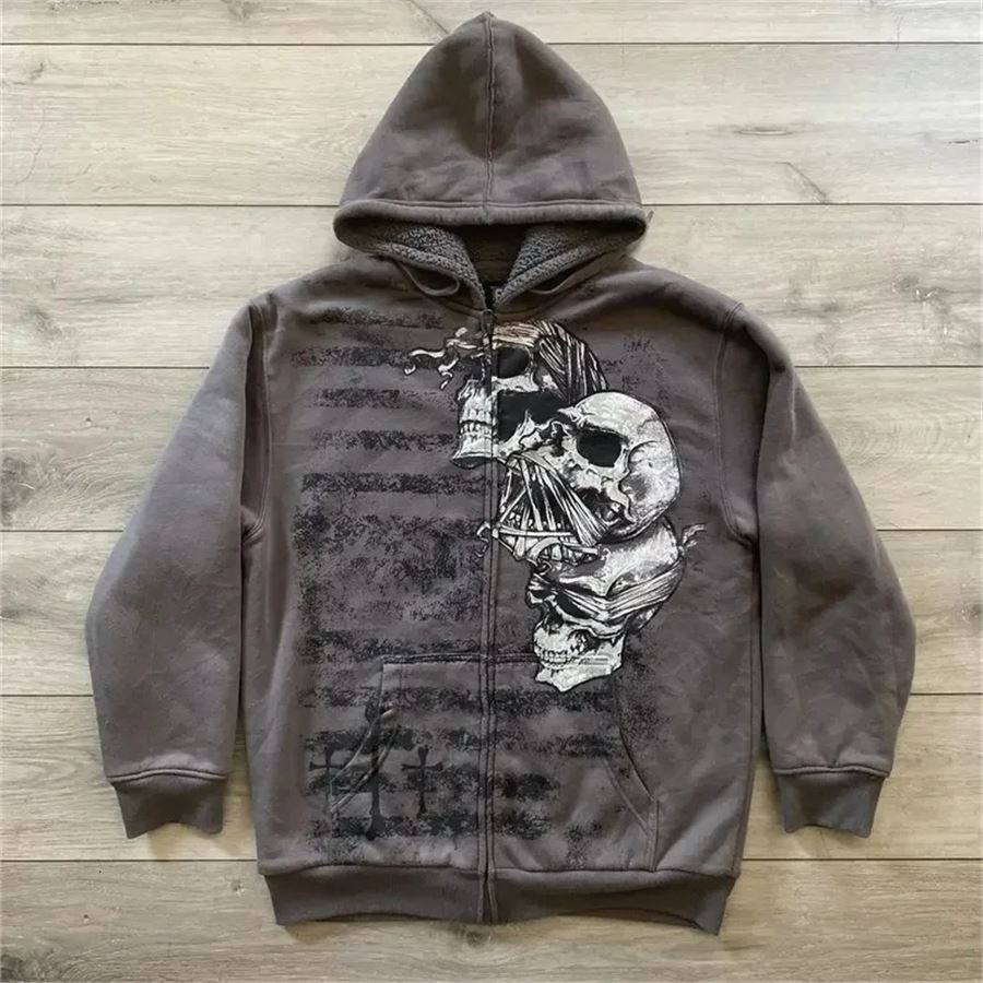 Füme Triple Pain Skull Cyber Grunge Kapüşonlu Sweatshirt