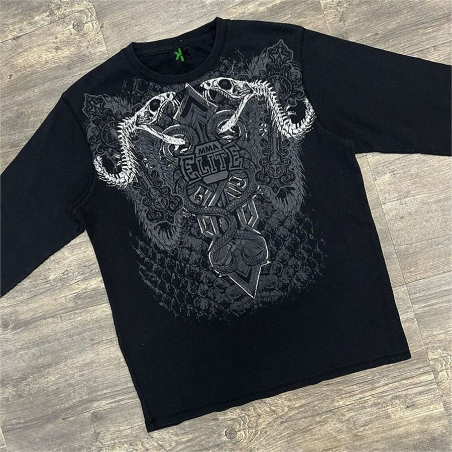 Siyah MMA Elite Cross And Snake Cyber Grunge Uzun Kollu İnce Sweatshirt