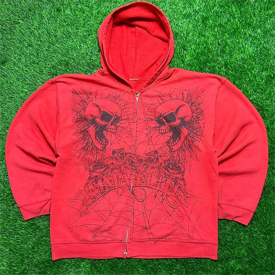 Kırmızı Double Skull MMA Elite Cyber Grunge Kapüşonlu Sweatshirt