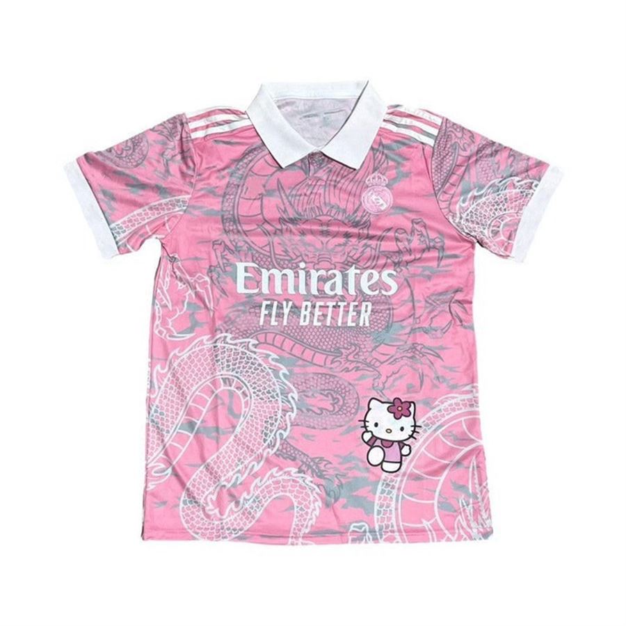 Pembe Kitty Madrid Dragon Jersey Beyaz Düğmeli Yaka T-shirt