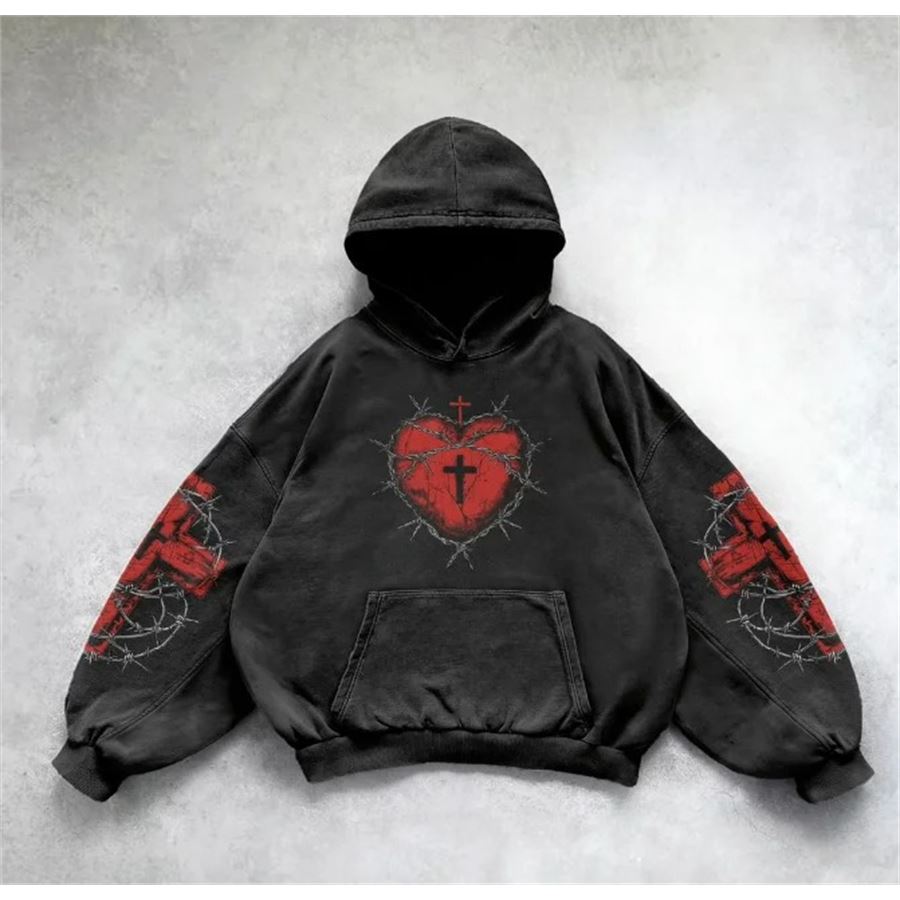 Siyah Gothic Barbed Wire Heart Cross Kapüşonlu Sweatshirt