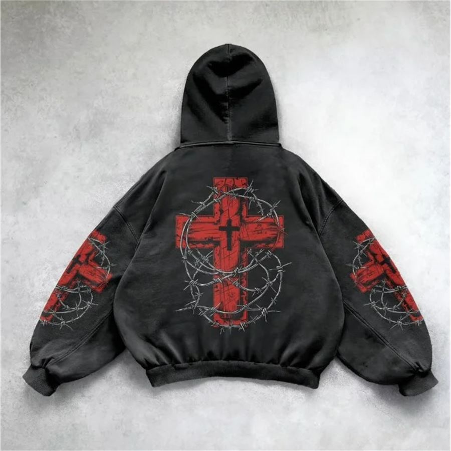 Siyah Gothic Barbed Wire Heart Cross Kapüşonlu Sweatshirt